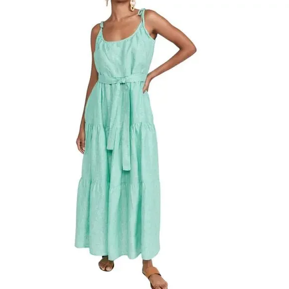 Mille resort & Travel Maui Tiered Linen Maxi Dress Green Striped small NWT - Picture 4 of 11